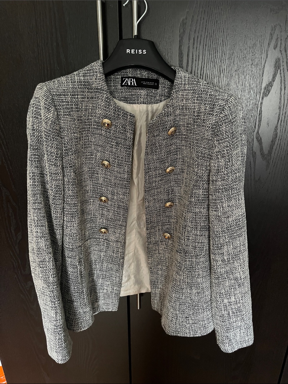 Zara Black and White Tweed Military-Style Blazer with Gold Buttons